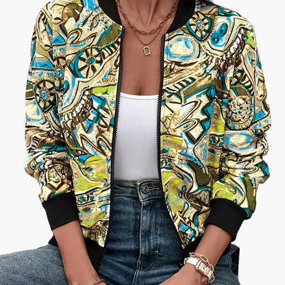 Damen Bomberjacke mit abstraktem Muster – Modischer Freizeit-Look für Alltag und Urlaub