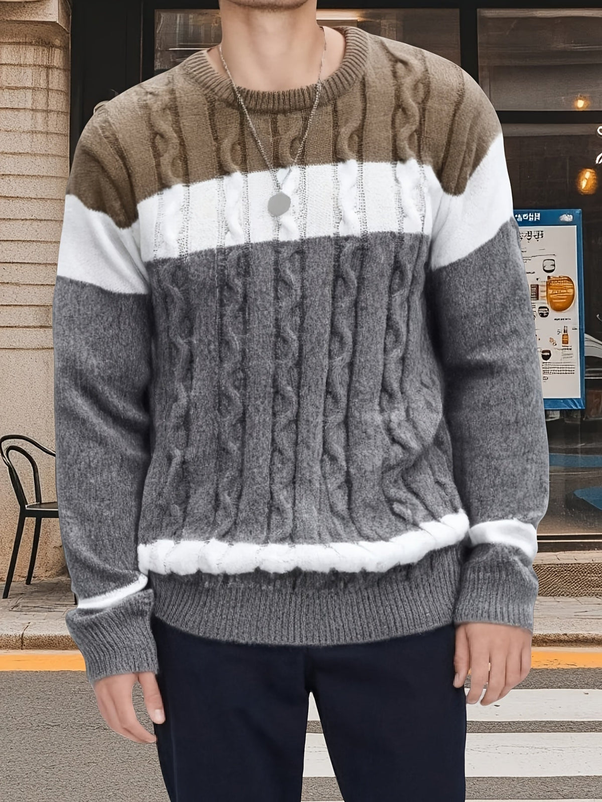 Herren Strickpullover Rundhals Zopfmuster Mehrfarbig