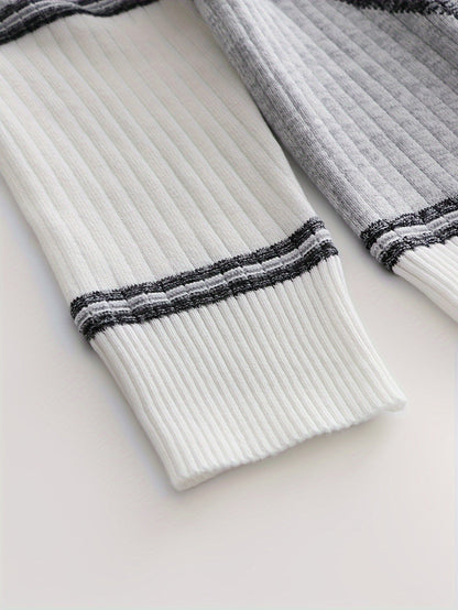Herren Pullover Langarm Gerippt mit Geometrischem Muster Schwarz Weiß