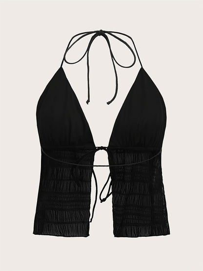 Damen Halterneck Top mit Raffungen und Bindeband – Modisches Party- und Ausgehtop