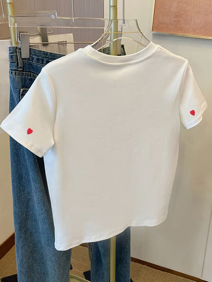 Damen Trendiges T-Shirt mit gestickten Herzen – Streetstyle Casual Kurzarm