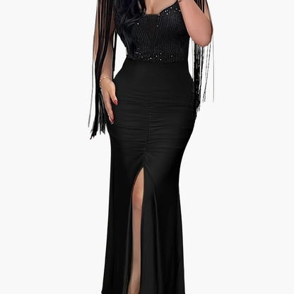 Damen Elegantes Abendkleid mit Fransen und Schlitz – Perfekt für festliche Anlässe