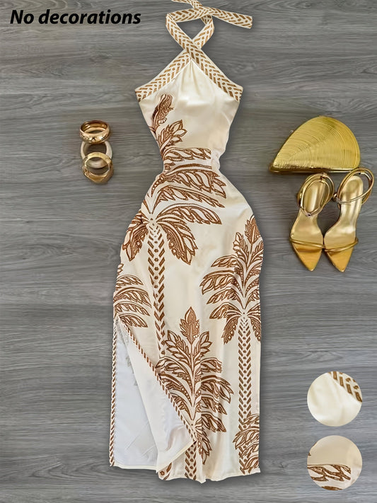 Damen Elegantes Neckholder Kleid mit Palmenmuster und Schlitz – Perfekt für Abendveranstaltungen