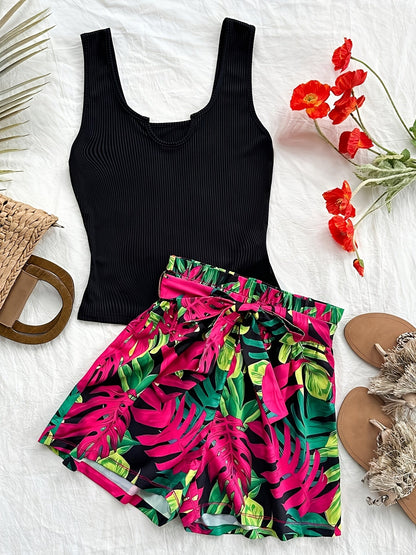 Damen Sommer-Set mit Top und tropischen Paperbag-Shorts – Modisches Urlaubsoutfit