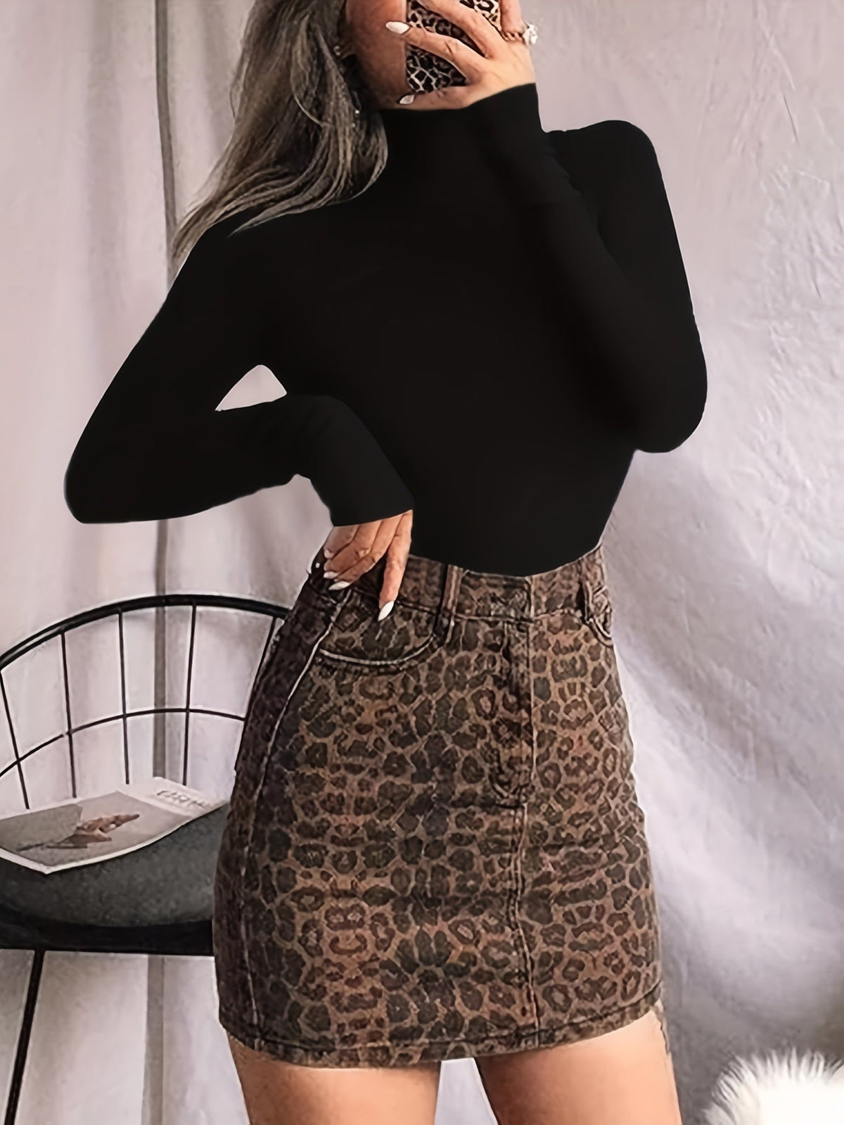 Damen Bodysuit Schwarz Langarm Rollkragen Stehkragen Warmer Thermo-Stil