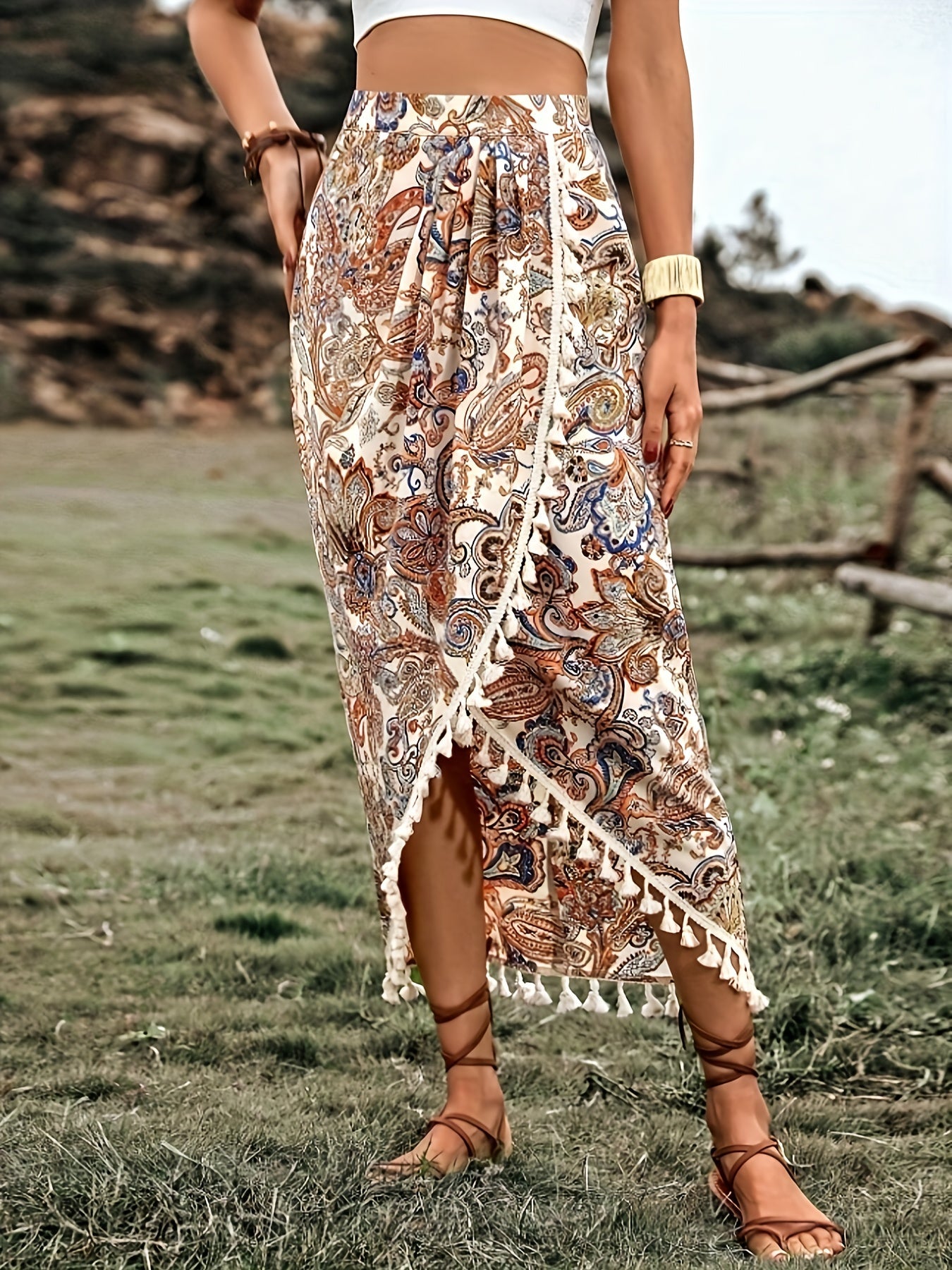 Damen Boho-Wickelrock mit Paisley-Muster und Quasten, Midi, Vintage-Stil, Elegant für Freizeit und Urlaub