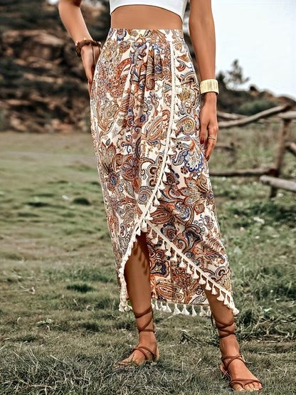 Damen Boho-Wickelrock mit Paisley-Muster und Quasten, Midi, Vintage-Stil, Elegant für Freizeit und Urlaub