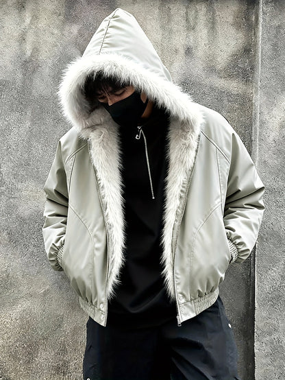 Herren Jacke mit Kapuze und Kunstpelzbesatz Grau
