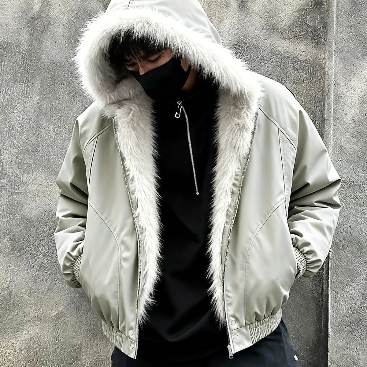 Herren Jacke mit Kapuze und Kunstpelzbesatz Grau