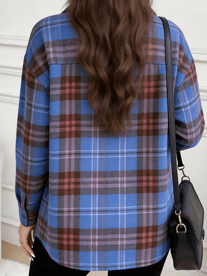Damen Kariertes Hemd Langarm Button-Down Bluse mit Brusttasche