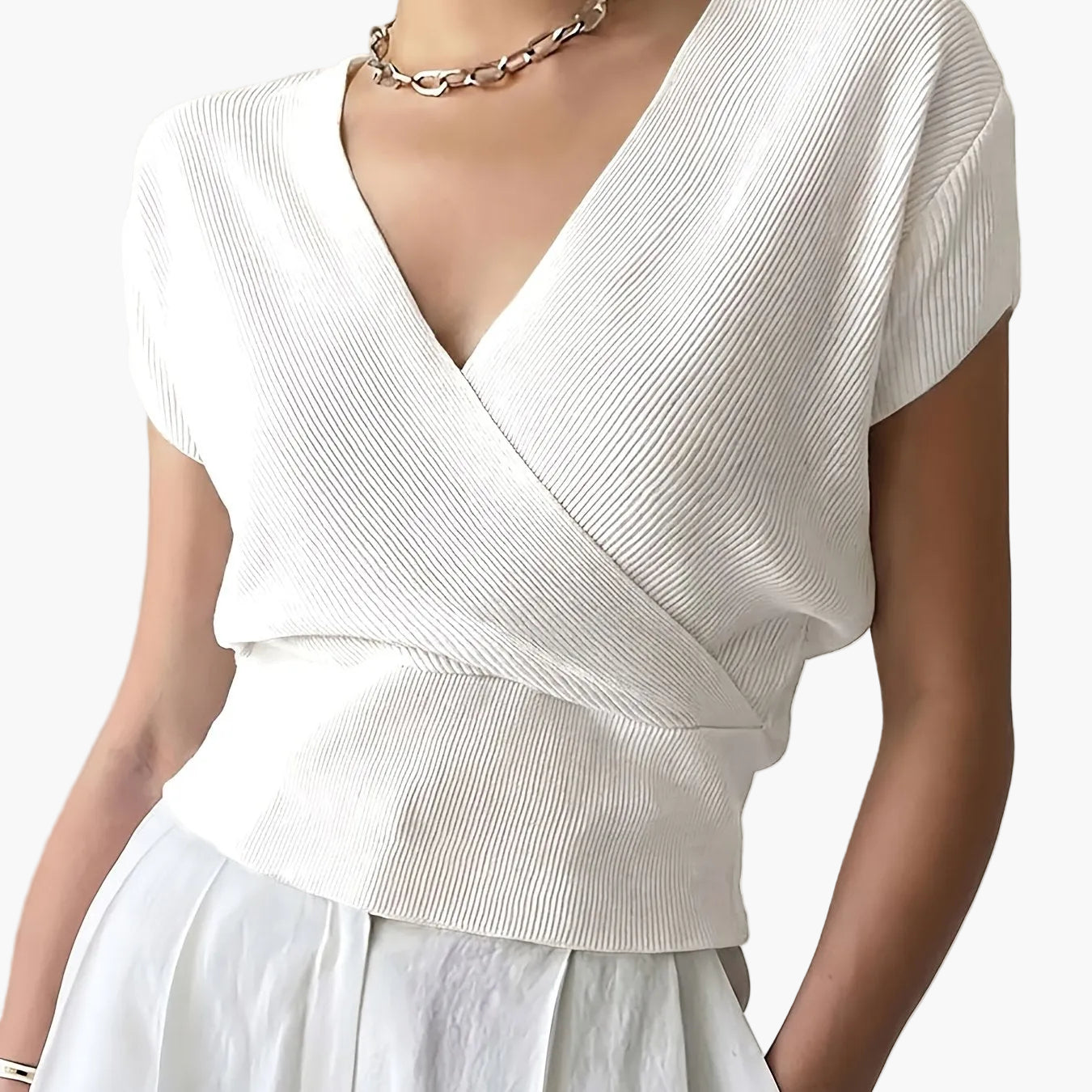 Damen Wickelshirt mit V-Ausschnitt – Eleganter Sommer Pullover Kurzarm für Freizeit & Büro