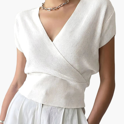 Damen Wickelshirt mit V-Ausschnitt – Eleganter Sommer Pullover Kurzarm für Freizeit & Büro