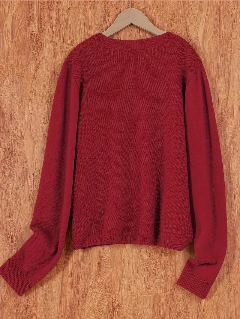 Damen Strick Cardigan Rundhals Langarm Strickjacke mit Knöpfen und Brusttasche