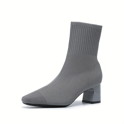 Damen Gestrickte Stiefeletten Blockabsatz Beige Spitz zulaufend Stretch Kurzstiefel