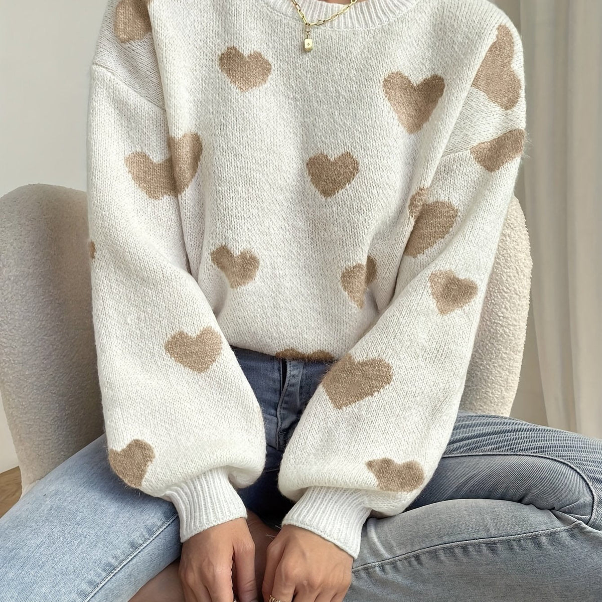 Damen Pullover Rundhals Herzmuster Langarm Strickpullover