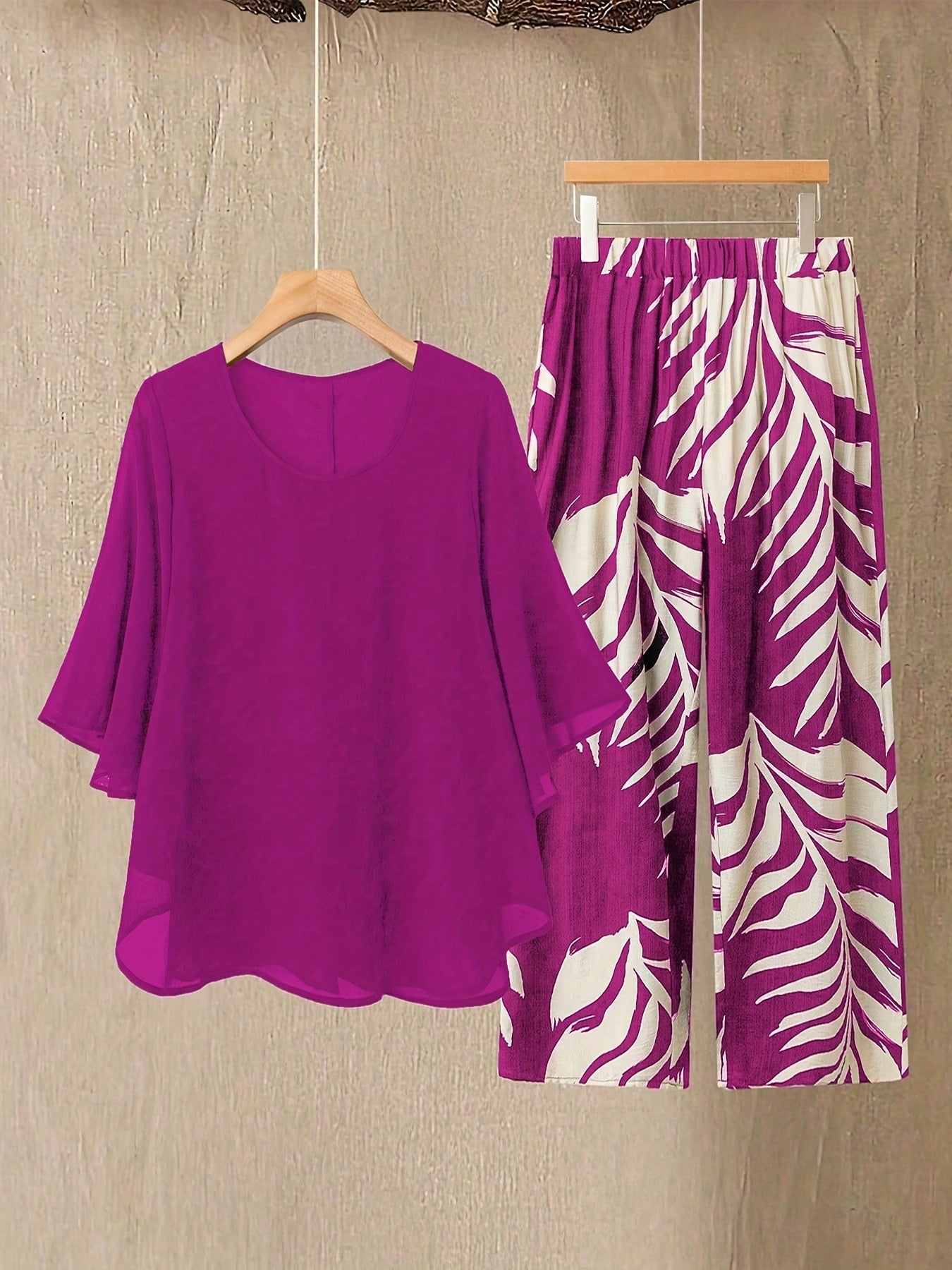 Damen Zweiteiler Set Elegant – Weite Bluse mit Rundhalsausschnitt und Tropenprint Hose, Perfekt für Urlaub und Sommer