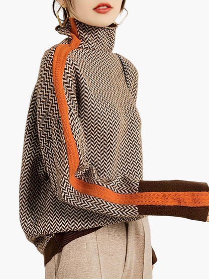 Damen Eleganter Strickpullover mit Stehkragen und modernem Patchwork-Muster – Herbst/Winter Freizeit & Büro