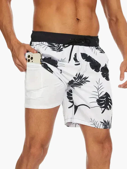 Herren Badeshorts mit Kompressions-Innenshorts – Moderne, schnell trocknende Swimshorts mit tropischem Muster für Strand & Sport