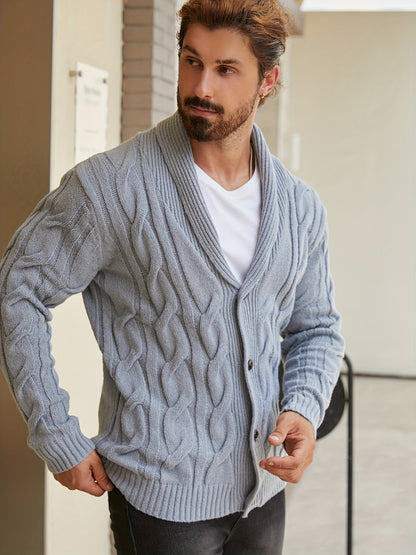 Herren Strickjacke Zopfmuster Schalkkragen Knopfleiste