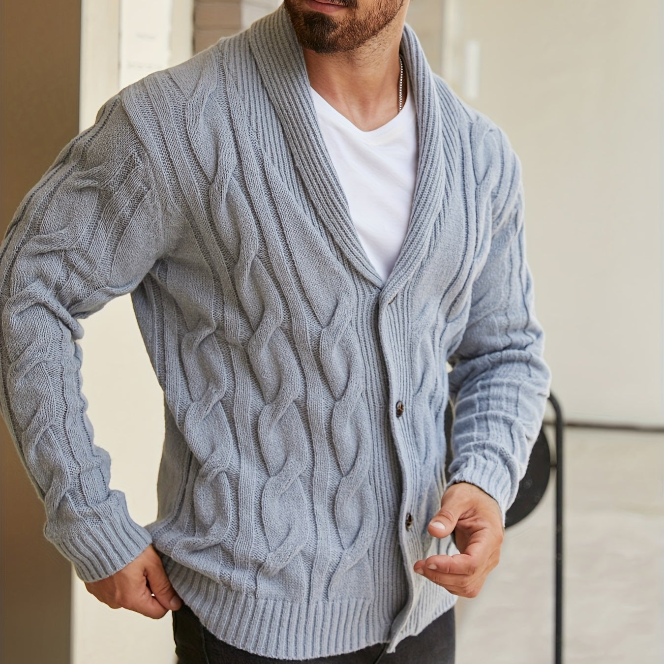 Herren Strickjacke Zopfmuster Schalkkragen Knopfleiste