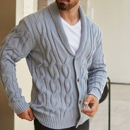 Herren Strickjacke Zopfmuster Schalkkragen Knopfleiste