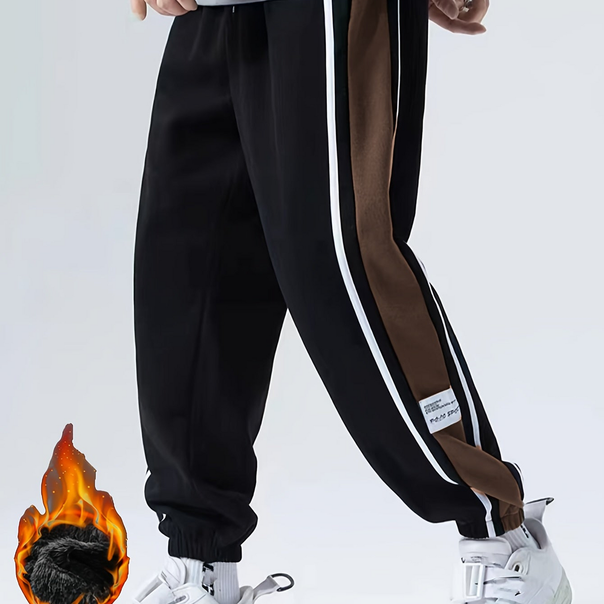 Unisex Jogginghose mit Blockstreifen und Fleece-Futter – Schwarz