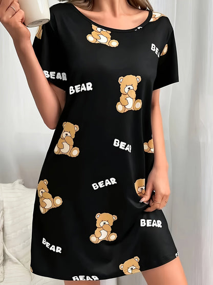 Damen Nachthemd mit Bären-Print – Bequemes Cartoon-Tunika Schlafkleid für Erwachsene
