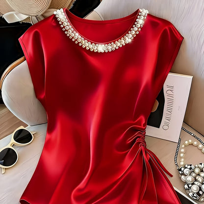 Damen Elegante Bluse mit Perlenkragen und Raffungsdetail – Stilvolles Kurzarm-Oberteil für festliche Anlässe oder Büro