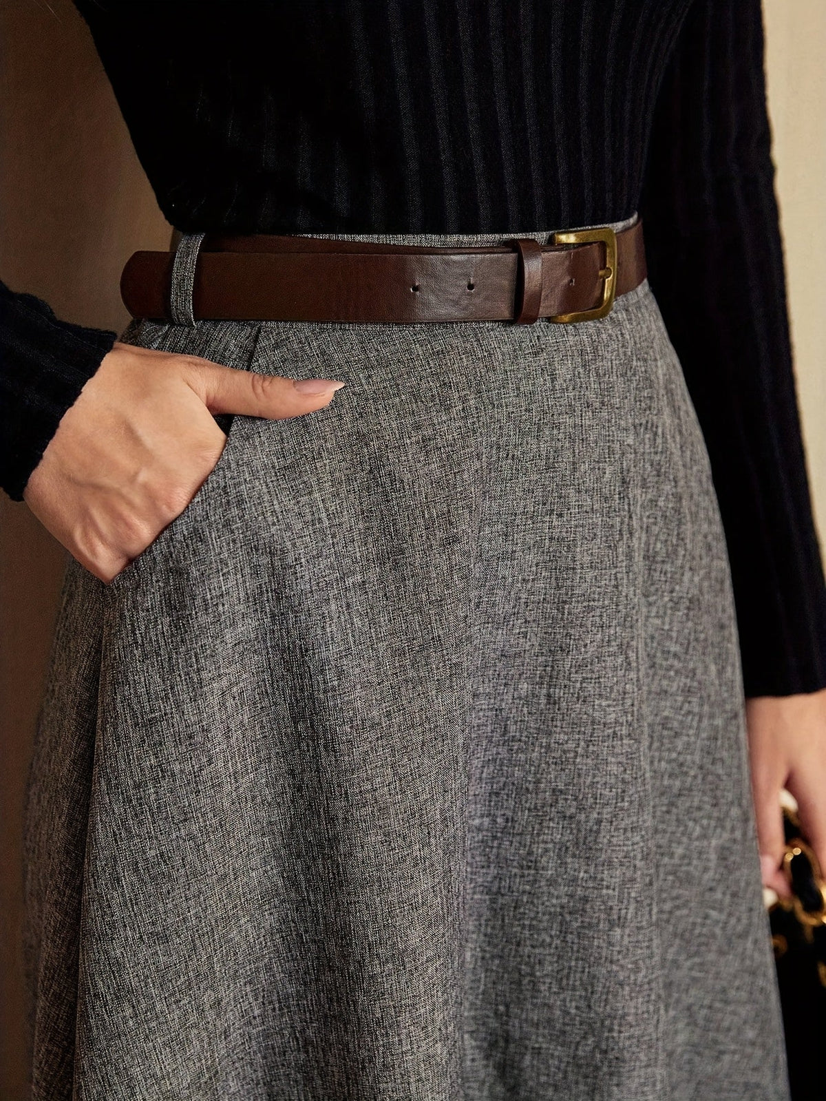 A-Linien Midi Rock für Damen, Grau meliert, Hohe Taille