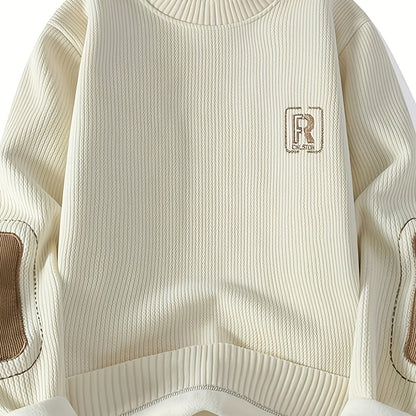 Unisex Langarm Sweatshirt mit Ellenbogen-Patches, Rundhalsausschnitt, gerippter Textur