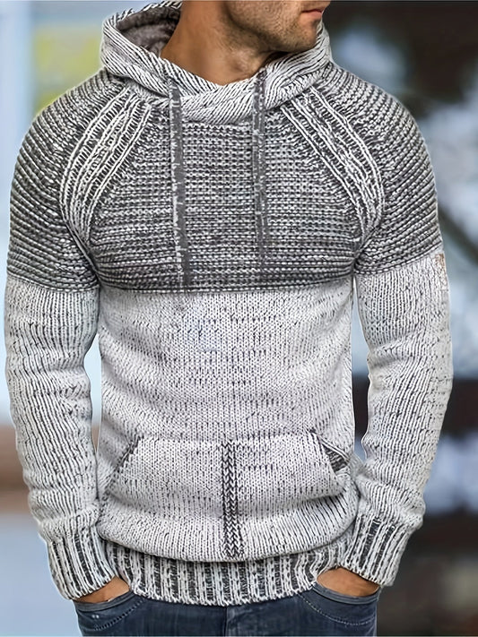 Herren Hoodie Strick-Optik mit Kapuze & Kängurutasche Grau-meliert