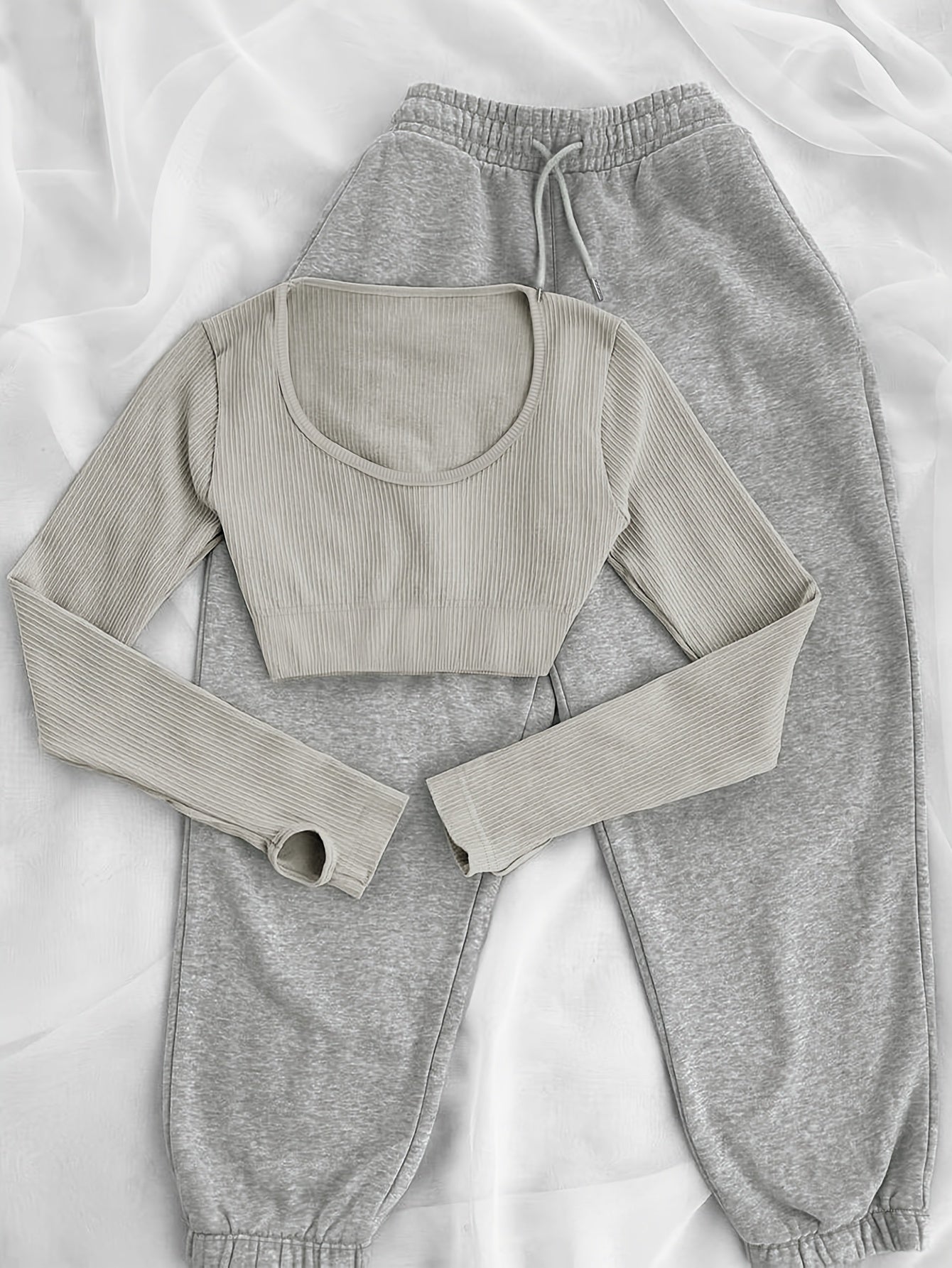 Damen Sport-Set: Geripptes Crop Top & Jogginghose mit Kordelzug - Grau