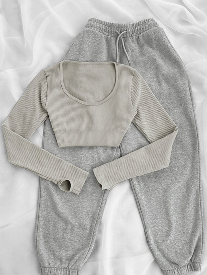 Damen Sport-Set: Geripptes Crop Top & Jogginghose mit Kordelzug - Grau