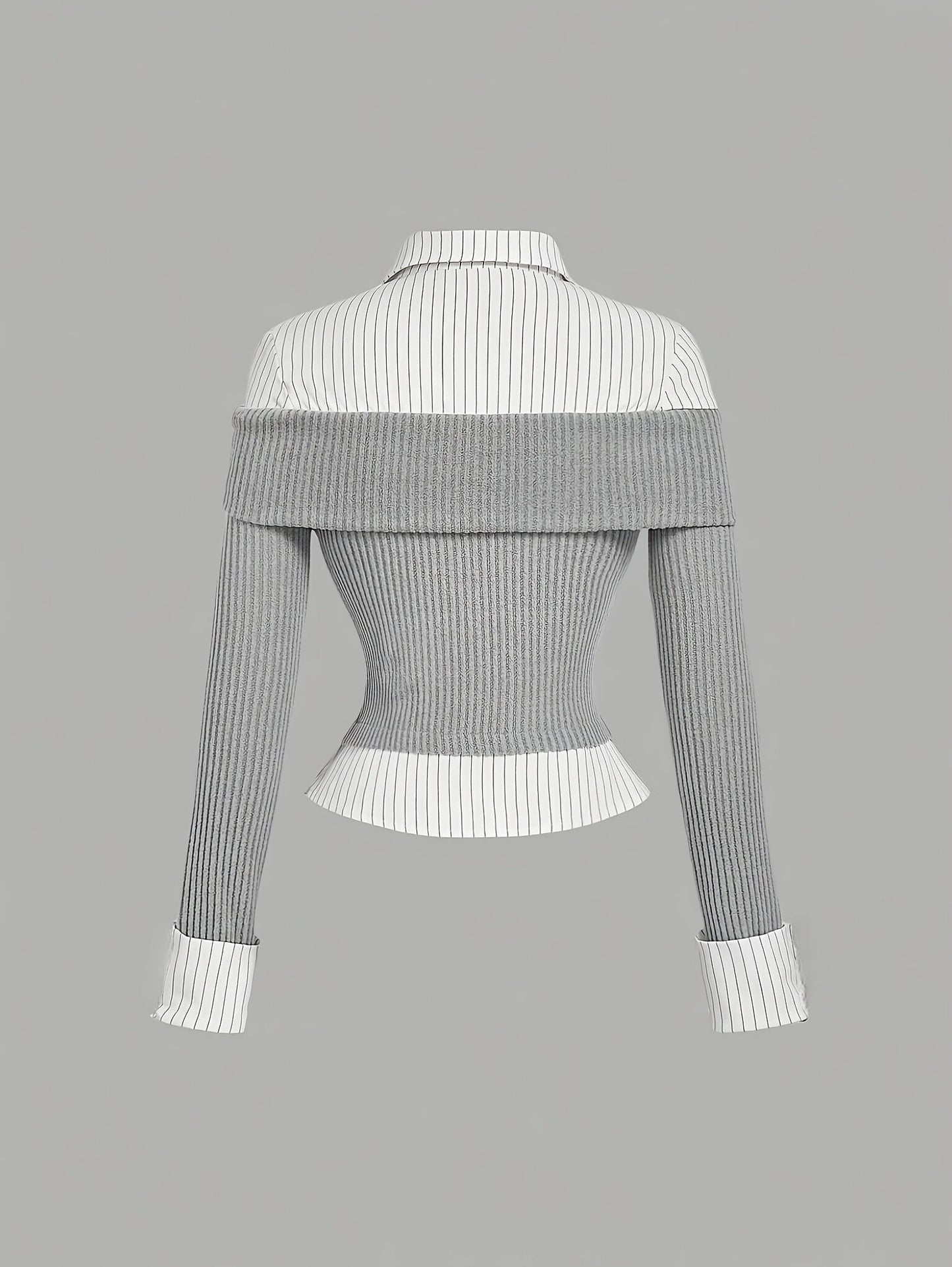 Damen Layering-Oberteil Off-Shoulder Rippstrick Grau Weiß Gestreift