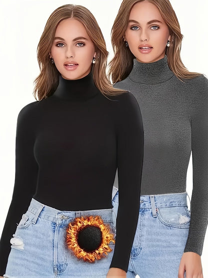 Damen Rollkragenpullover Langarm Shirt Eng Anliegend Schwarz Weiß Grau Mehrfachpack