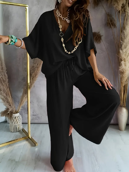 Damen Eleganter Jumpsuit mit weitem Bein und V-Ausschnitt – Perfekt für Freizeit und Partys