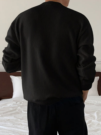 Gerippter Pullover Langarm Rundhalsausschnitt Freizeit Sweater für Herren – Weich & Bequem