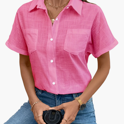 Damen Kurzarm Hemdbluse mit Vogelmuster – Modische Freizeitbluse für Alltag und Büro