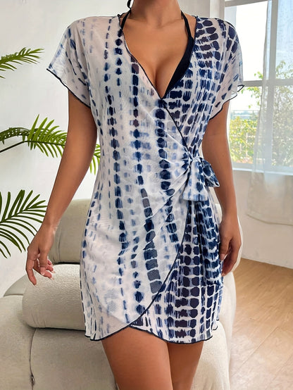 Damen Wickelkleid Strand Cover-Up mit modernem Muster – Elegantes Badeoutfit für Urlaub und Freizeit