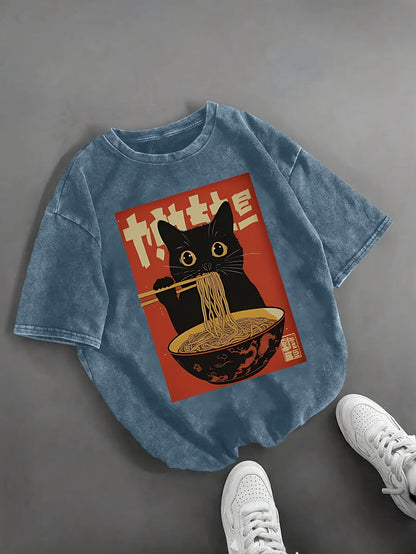 Damen Vintage T-Shirt mit Katze und Ramen-Nudeln – Lustiges Grafikshirt für Alltag und Freizeit