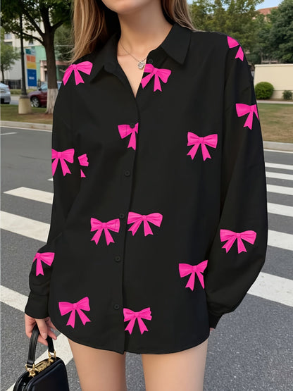 Damen Oversize Hemdbluse Schwarz mit pinkfarbenen Schleifenmuster
