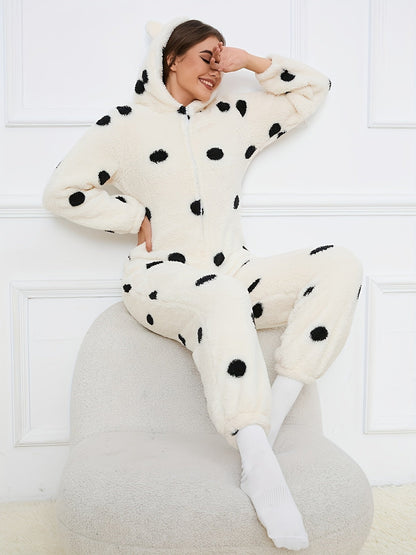 Damen Flauschiger Teddybär-Overall mit Kapuze und Reißverschluss