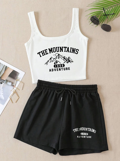 Damen Sport-Set Freizeit Top und Shorts mit Print – The Mountains Adventure, Sommer Loungewear
