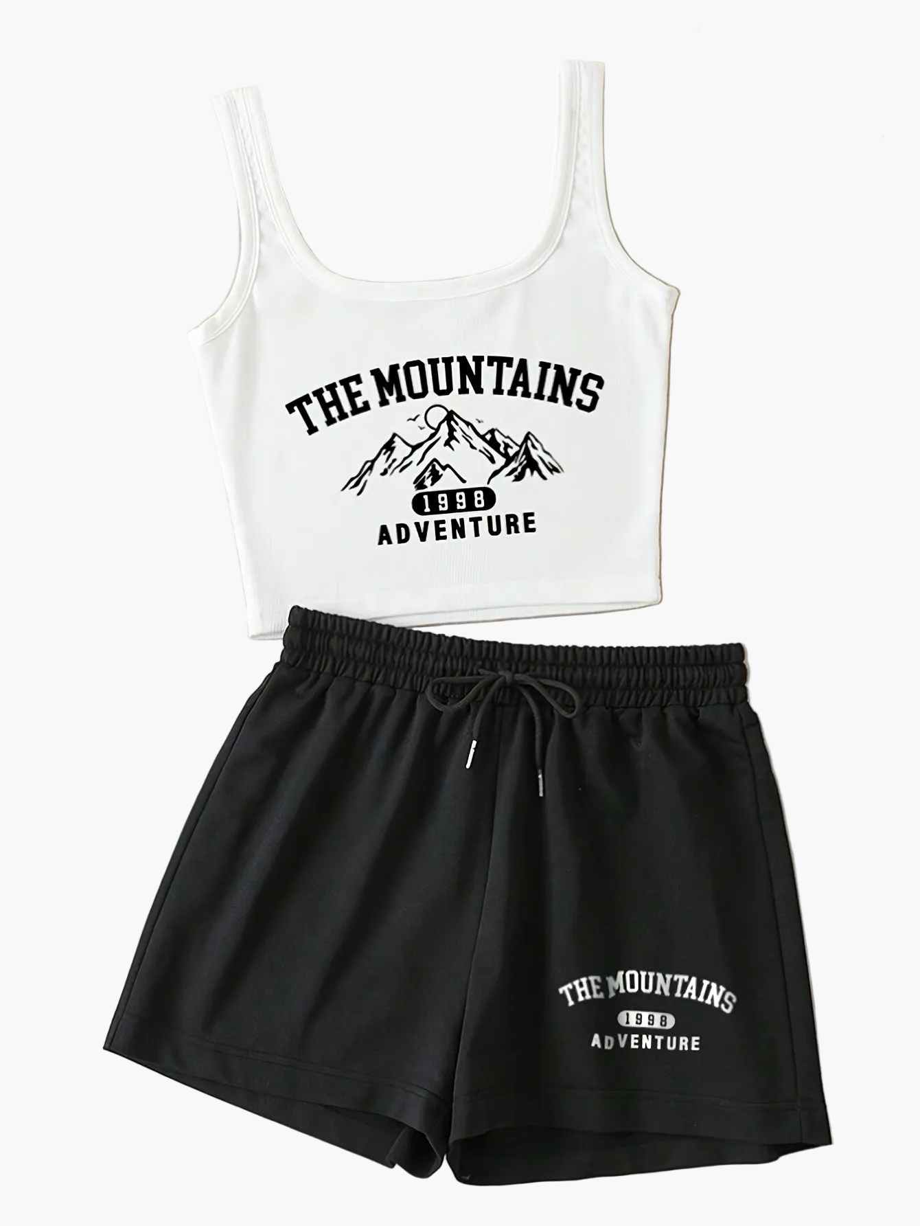 Damen Sport-Set Freizeit Top und Shorts mit Print – The Mountains Adventure, Sommer Loungewear