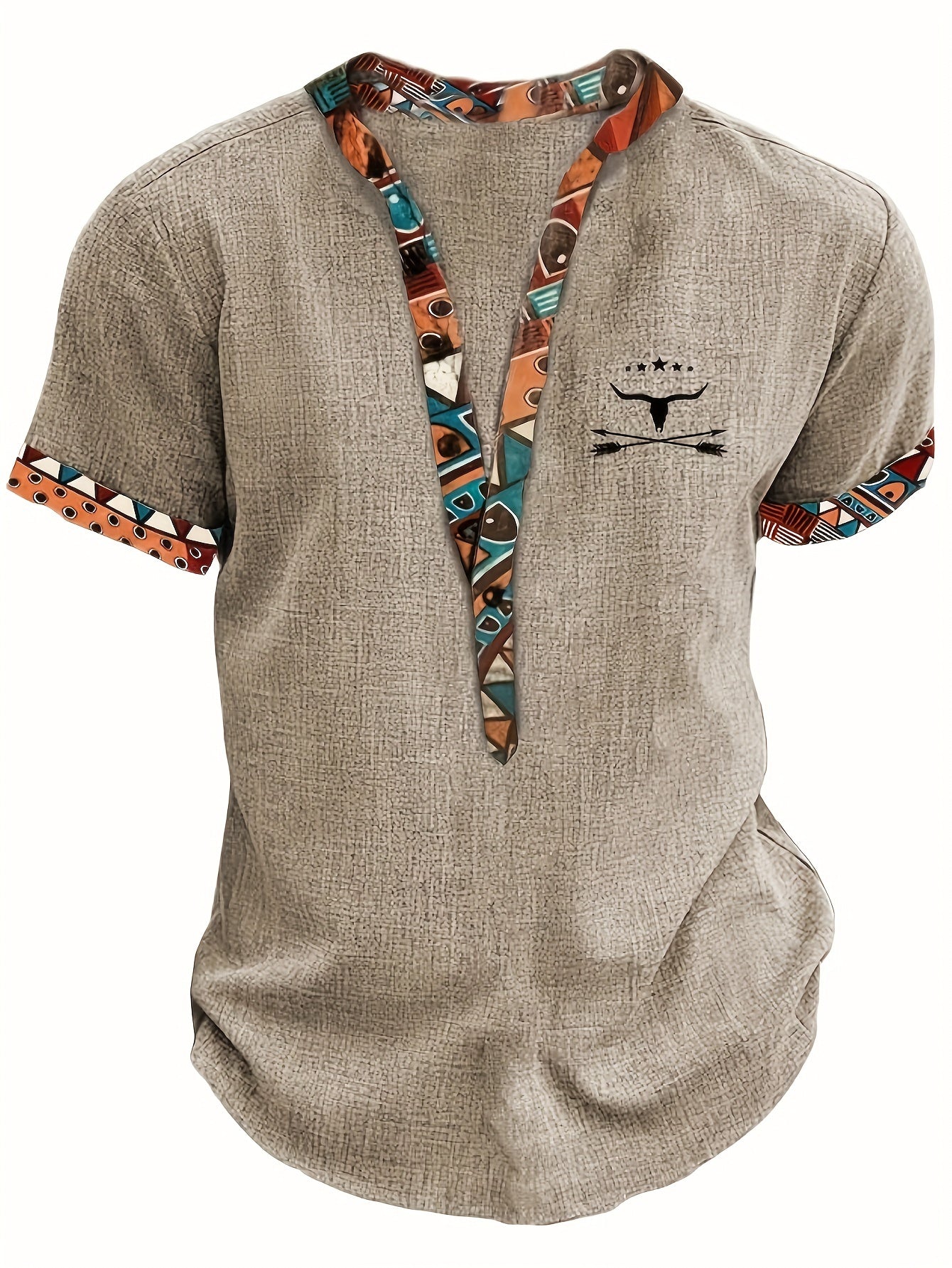 Herren Ethno Freizeitshirt mit Musterdetails und V-Ausschnitt – Modernes Kurzarmhemd für Alltag und Urlaub