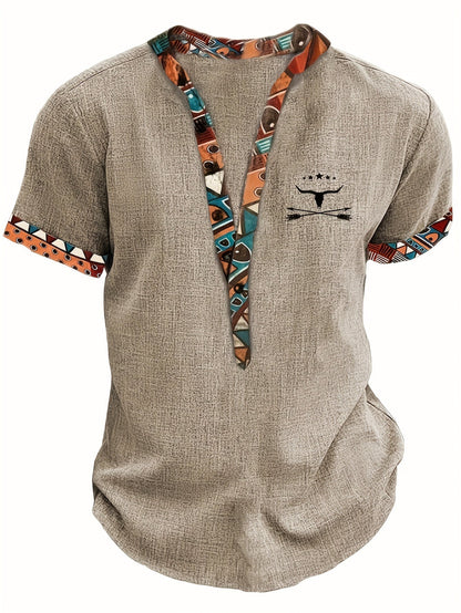Herren Ethno Freizeitshirt mit Musterdetails und V-Ausschnitt – Modernes Kurzarmhemd für Alltag und Urlaub