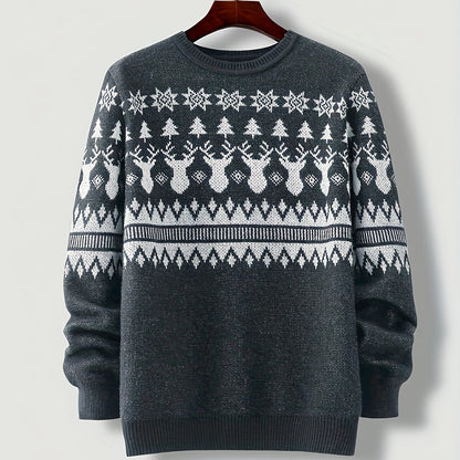 Unisex Winterpullover Rundhals mit Jacquard Rentier- & Schneeflockenmuster