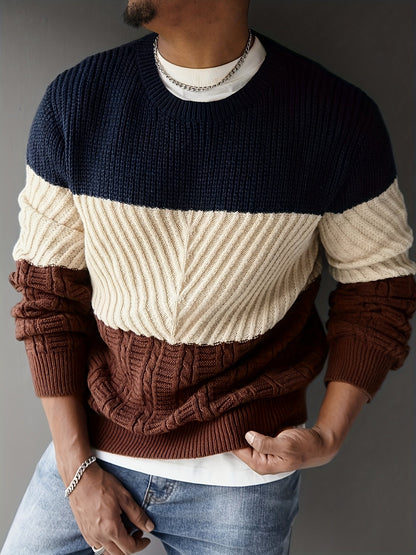 Herren Pullover Farbblock Gerippt Rundhalsausschnitt Langarm
