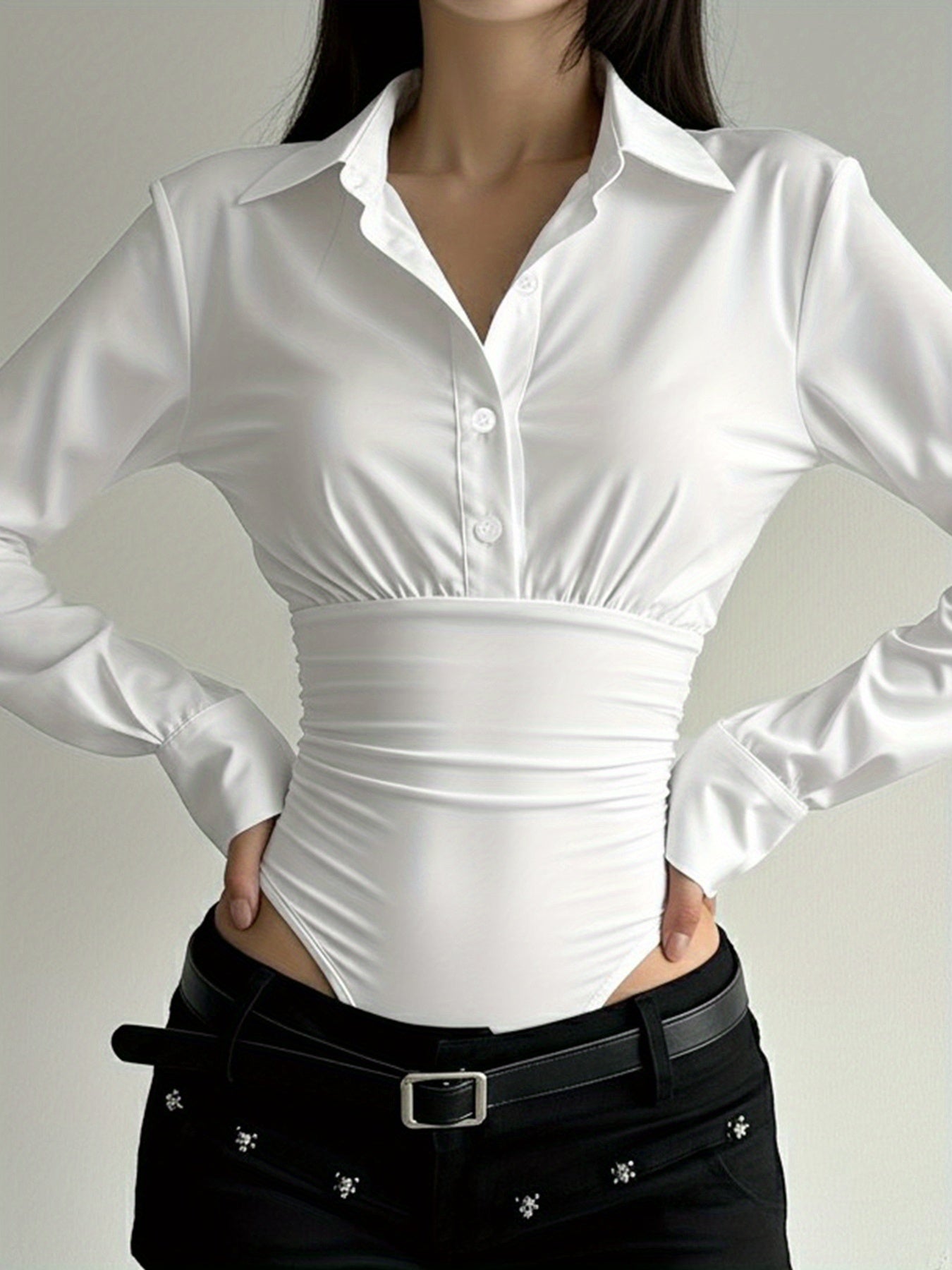 Damen Body Bluse Langarm Hemdblusen-Stil mit geraffter Taille