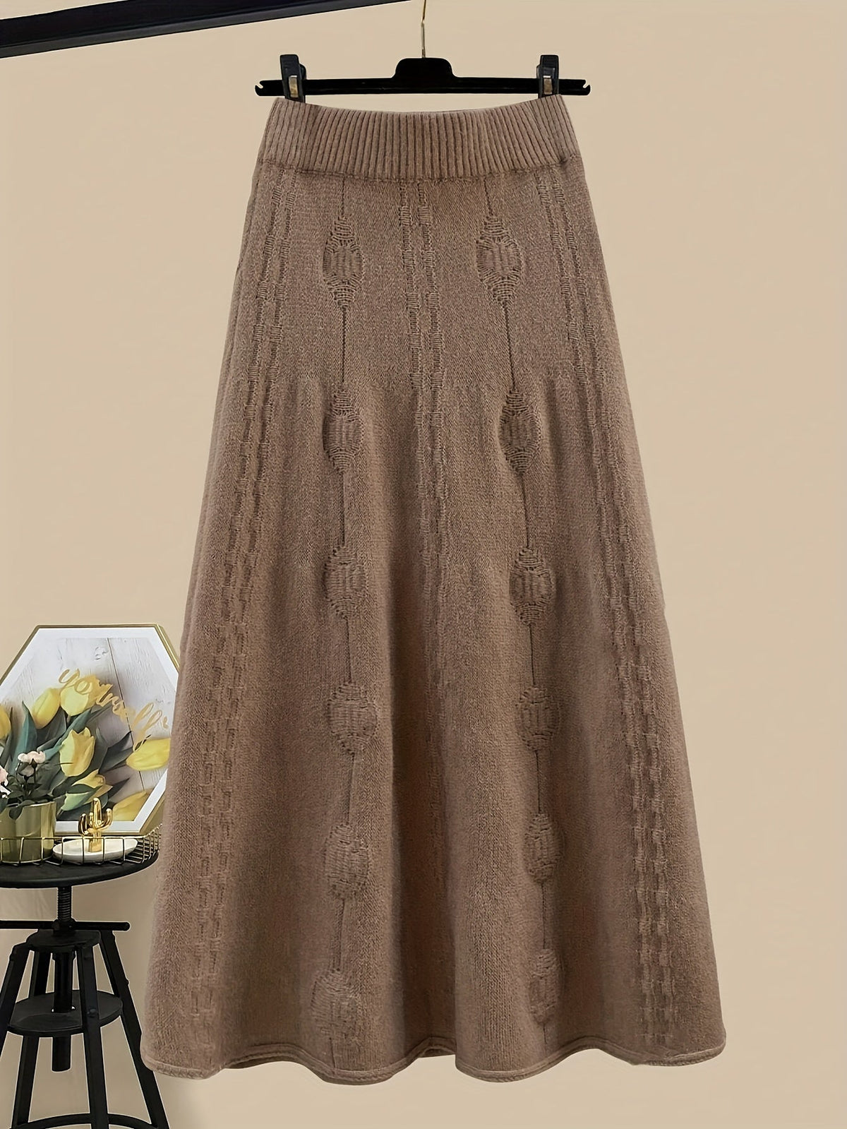 Damen Strick-Set Zweiteiler mit Rollkragenpullover & Midi-Rock in Creme-Braun